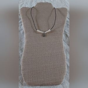 Handmade White Pearl & Silver Snowflake & Black Leather Necklace